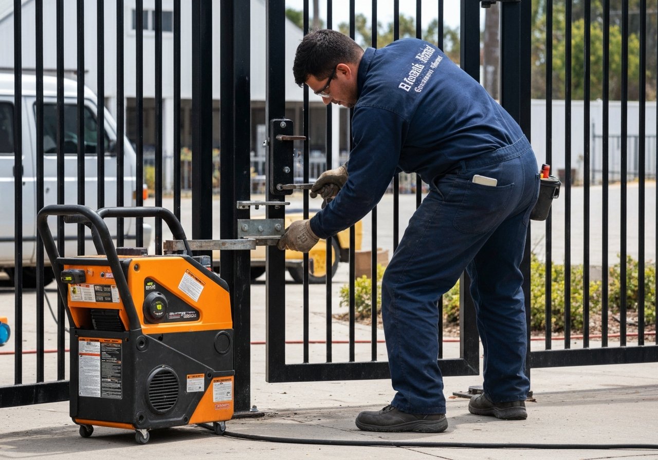 Gate repair technician working on a metal gate with welding equipment in Santa Monica, CA