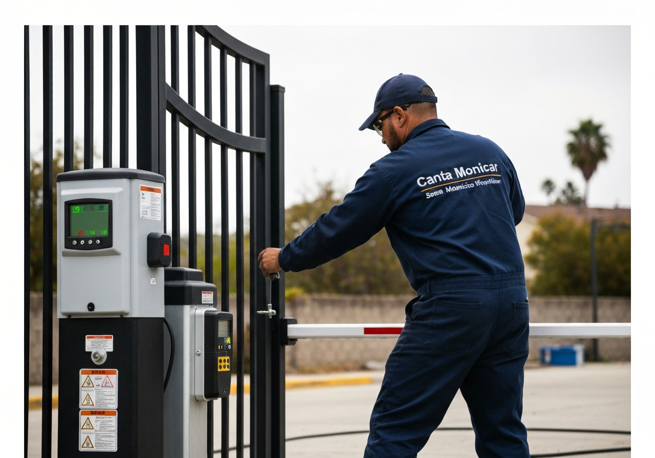 Worker performing gate access control operation at an entrance in Palms, CA